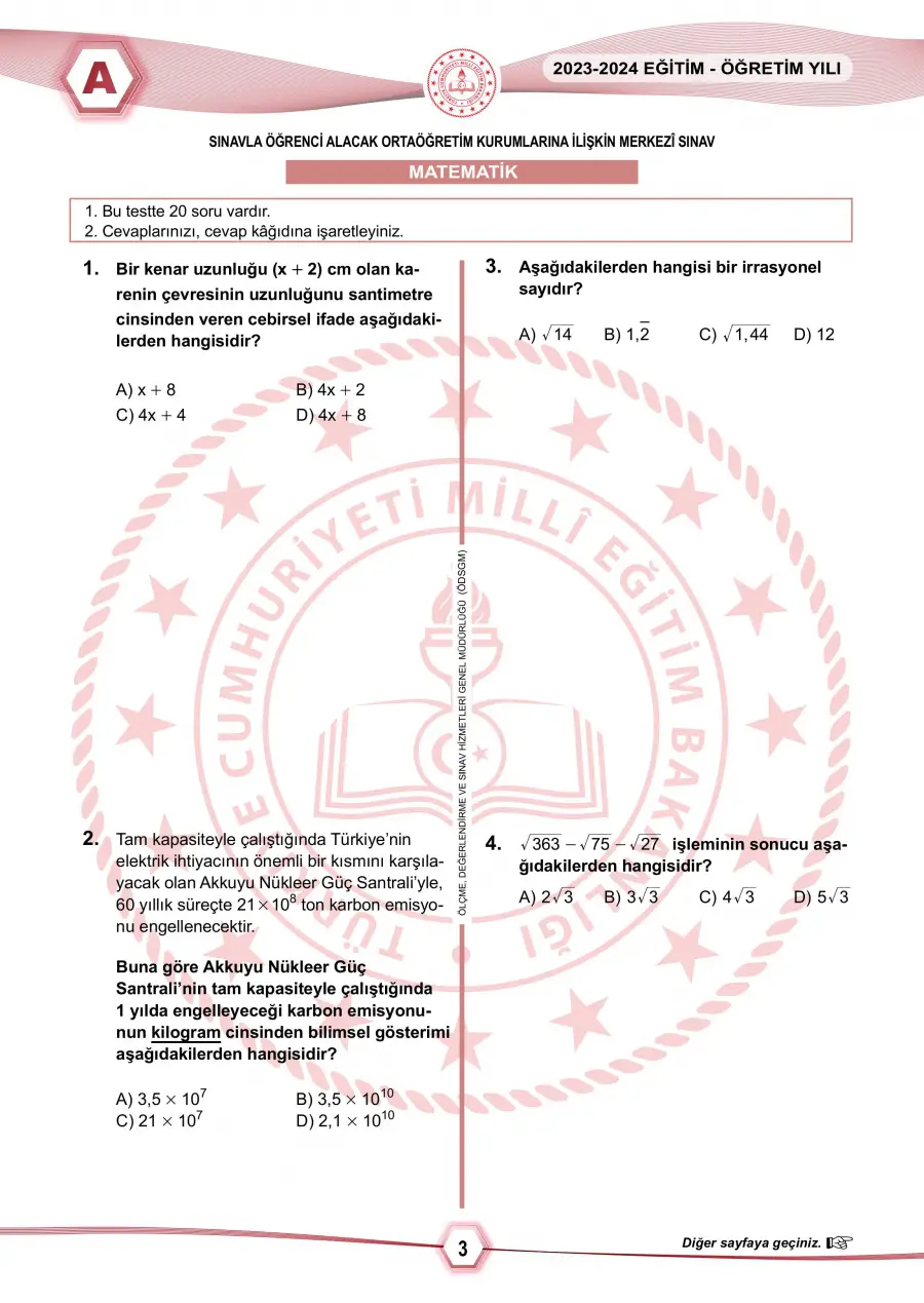 2024 LGS Matematik 1-2-3-4. Sorular | Konya Özel Ders