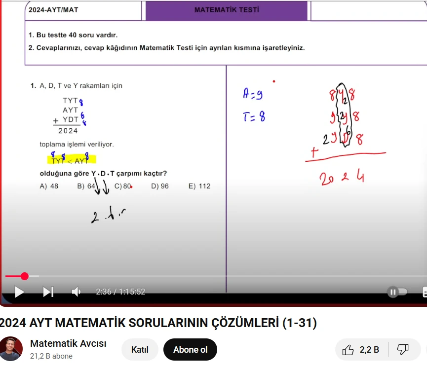 2024 AYT 1. sorusu ve çözümü