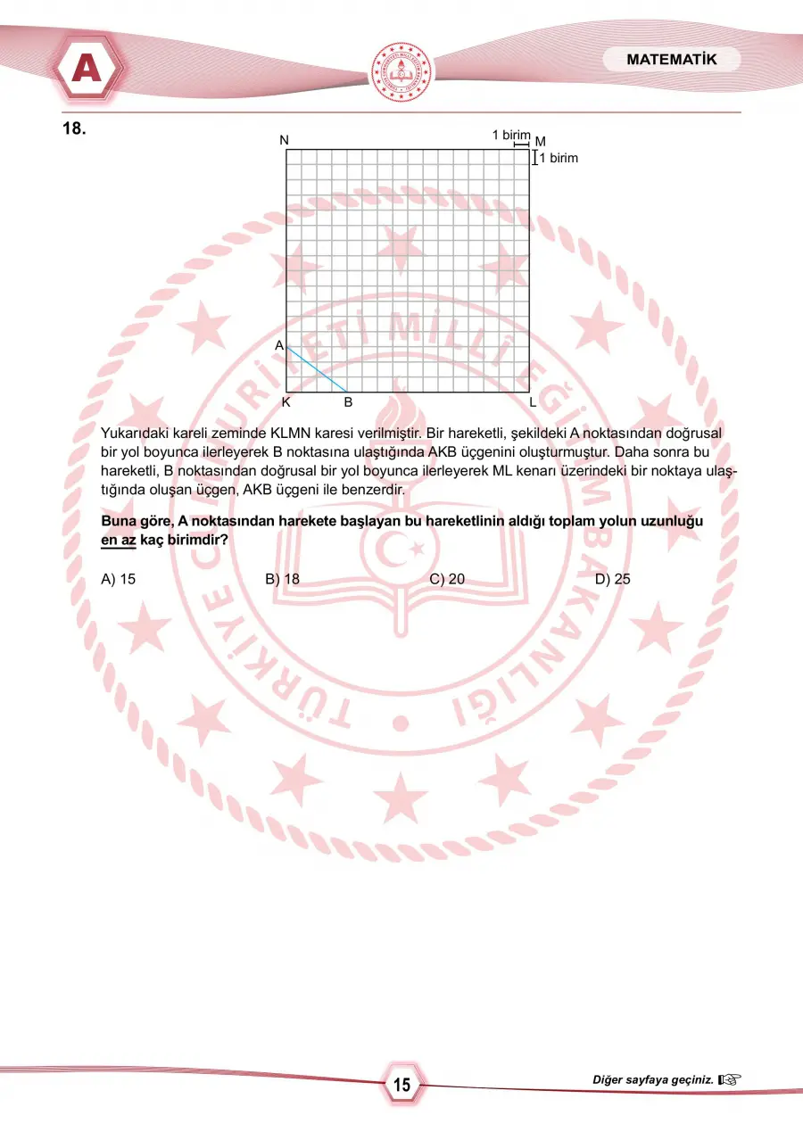 2024 LGS Matematik 18. Soru | Kareli Zeminde Benzerlik ve Yol Uzunluğu – Konya Özel Ders
